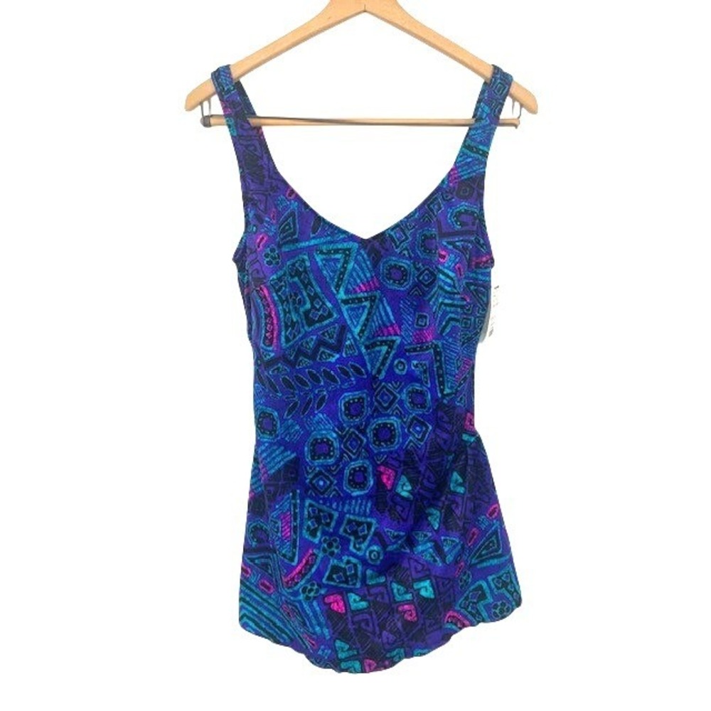 NWT Vintage 80s Swim Dress 20W Geometric Abstract Retro One Piece Swimsuit USA
